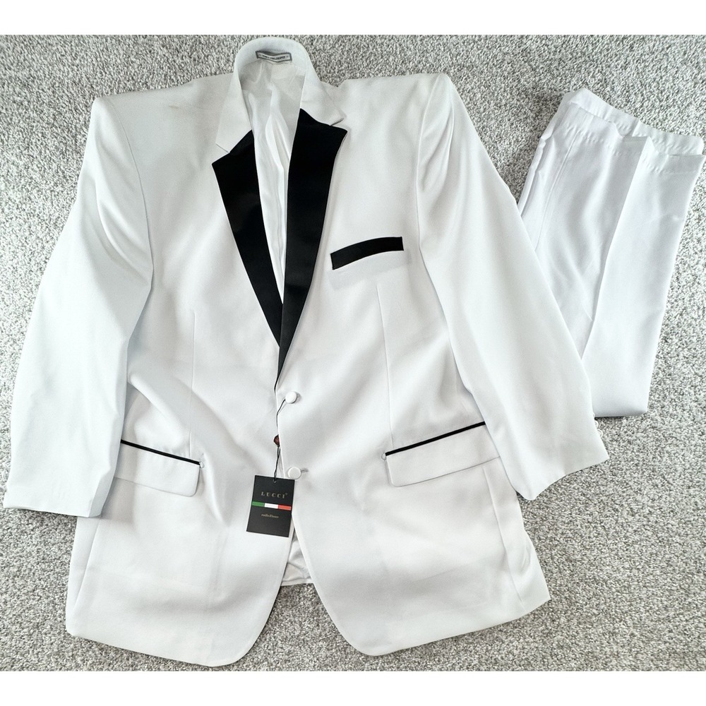 LUCCI Mens White Classic Fit Tuxedo w/Black Sateen Lapel & Trim Size 48L NEW